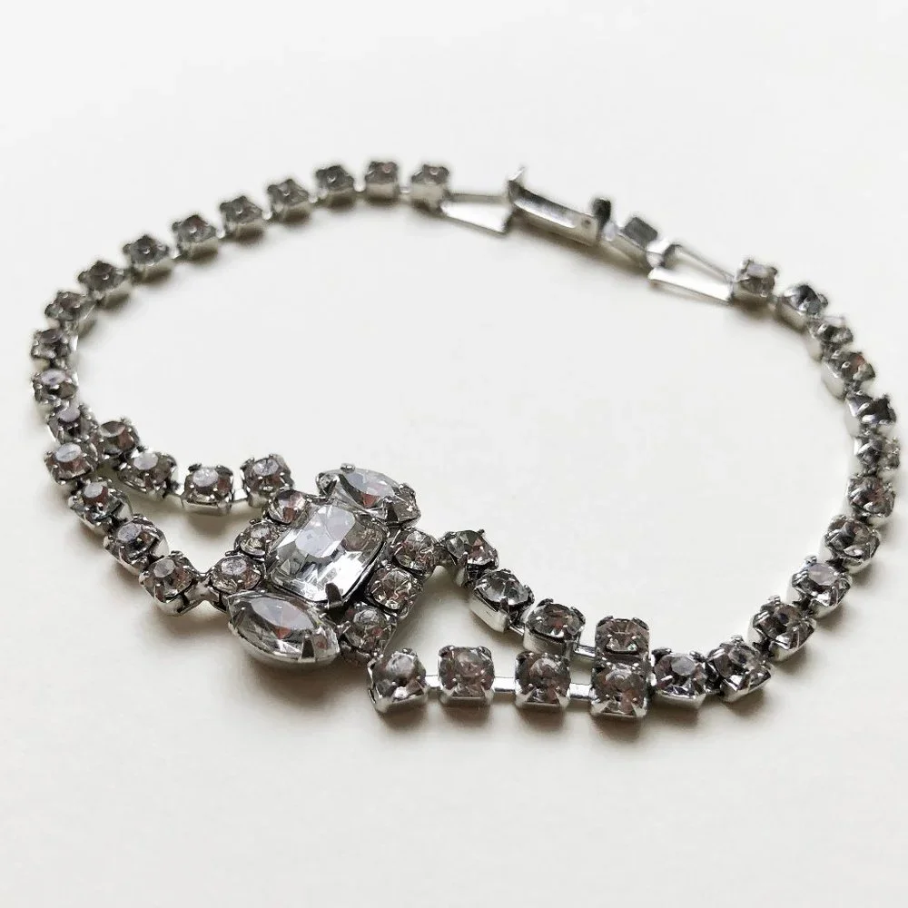 Fancy rhinestone tennis bracelet, dainty clear crystal cocktail party bracelet